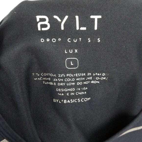 BYLT Drop Cut S/S Lux Blue Short Sleeve Striped T Shirt Size L Stretch Casual - Picture 9 of 9